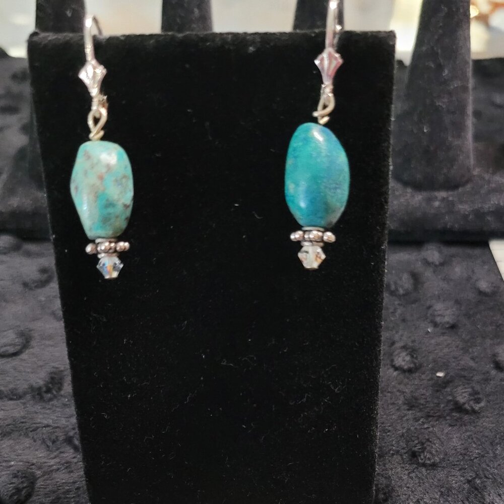 Item #Q327  Sterling Silver Turquoise stone Dangle with Clear ends Earrings